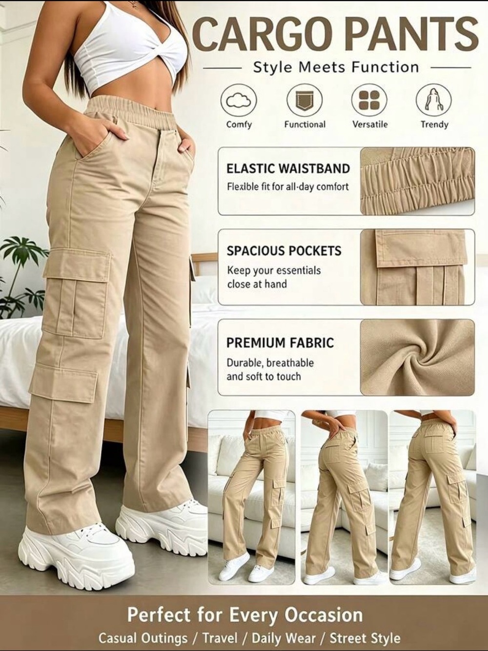 Beige Cargo Pants with Elastic Waistband - Women